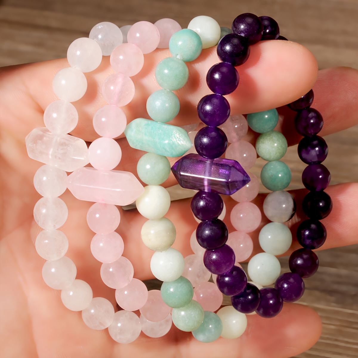 Natural Stone Hexagonal Amethyst Rose Quartz Bracelet